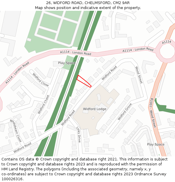26, WIDFORD ROAD, CHELMSFORD, CM2 9AR: Location map and indicative extent of plot