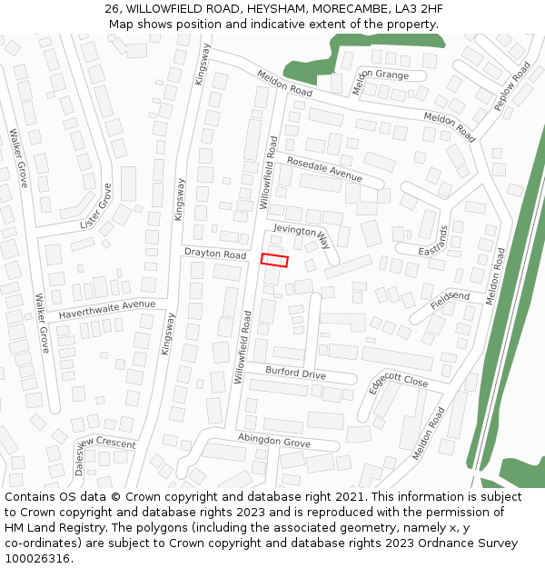 26, WILLOWFIELD ROAD, HEYSHAM, MORECAMBE, LA3 2HF: Location map and indicative extent of plot