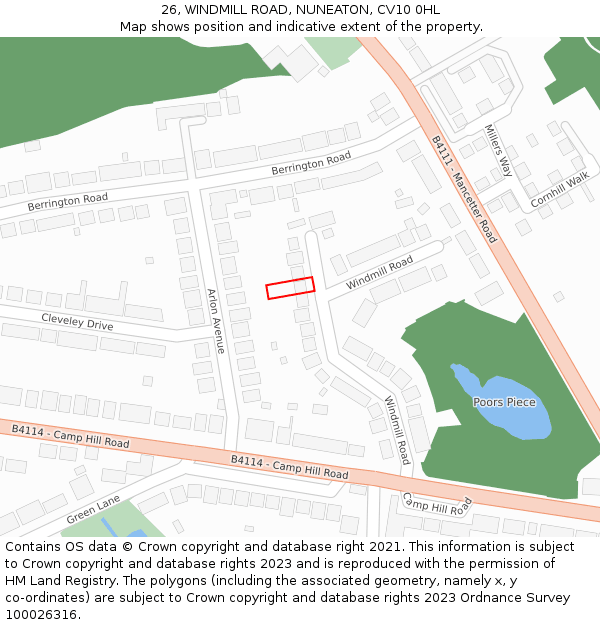 26, WINDMILL ROAD, NUNEATON, CV10 0HL: Location map and indicative extent of plot