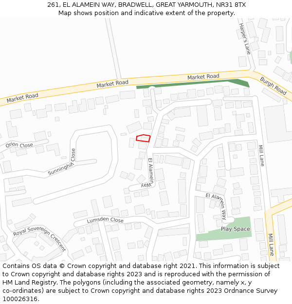 261, EL ALAMEIN WAY, BRADWELL, GREAT YARMOUTH, NR31 8TX: Location map and indicative extent of plot