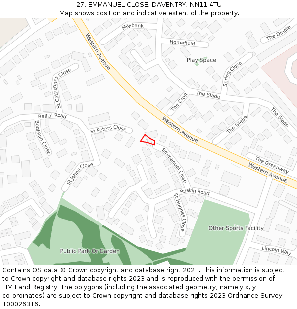 27, EMMANUEL CLOSE, DAVENTRY, NN11 4TU: Location map and indicative extent of plot