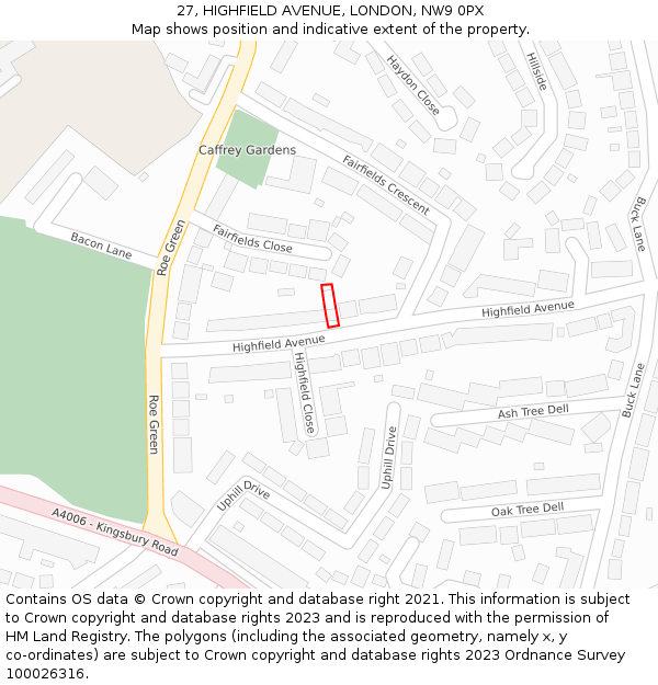 27, HIGHFIELD AVENUE, LONDON, NW9 0PX: Location map and indicative extent of plot