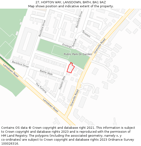 27, HOPTON WAY, LANSDOWN, BATH, BA1 9AZ: Location map and indicative extent of plot