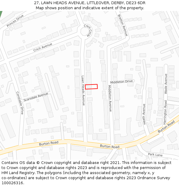 27, LAWN HEADS AVENUE, LITTLEOVER, DERBY, DE23 6DR: Location map and indicative extent of plot