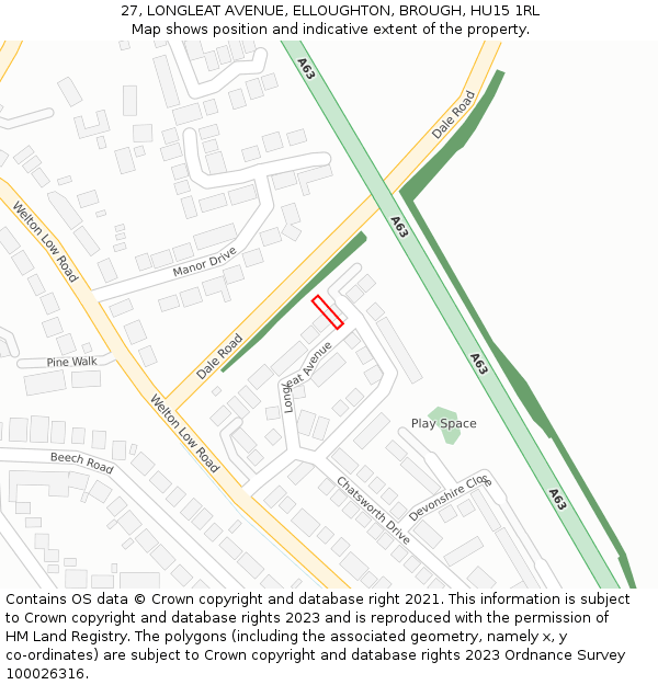 27, LONGLEAT AVENUE, ELLOUGHTON, BROUGH, HU15 1RL: Location map and indicative extent of plot