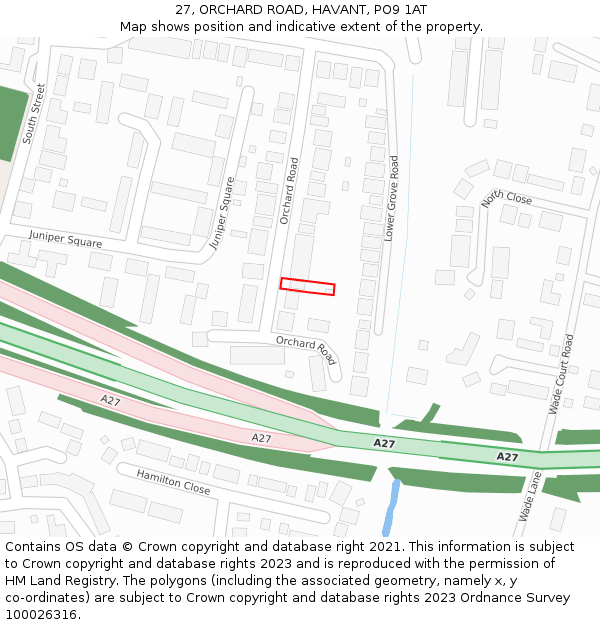 27, ORCHARD ROAD, HAVANT, PO9 1AT: Location map and indicative extent of plot