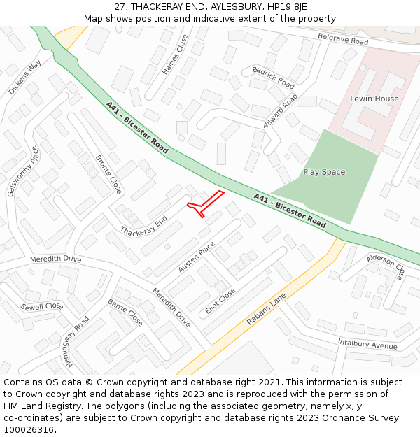 27, THACKERAY END, AYLESBURY, HP19 8JE: Location map and indicative extent of plot