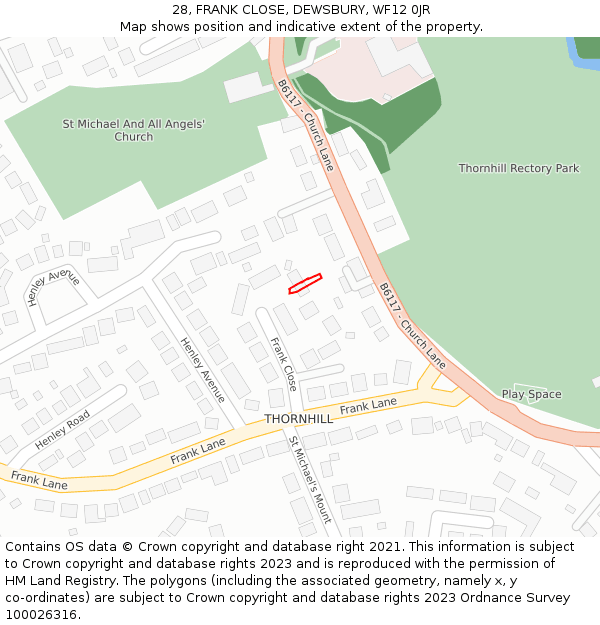 28, FRANK CLOSE, DEWSBURY, WF12 0JR: Location map and indicative extent of plot