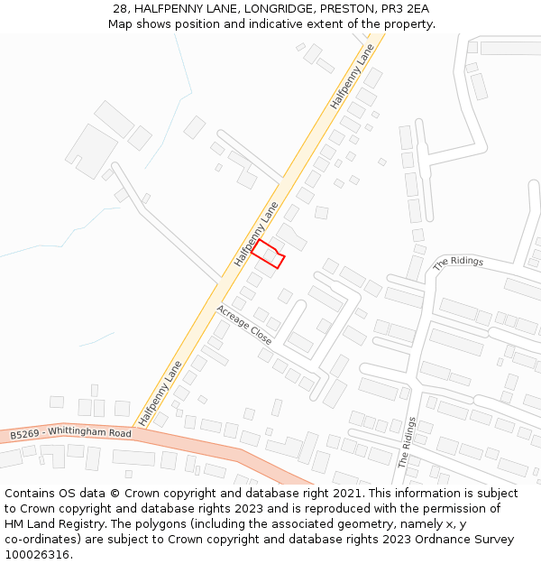 28, HALFPENNY LANE, LONGRIDGE, PRESTON, PR3 2EA: Location map and indicative extent of plot