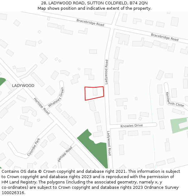 28, LADYWOOD ROAD, SUTTON COLDFIELD, B74 2QN: Location map and indicative extent of plot