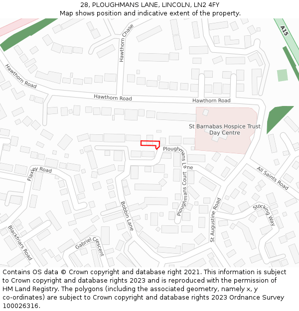28, PLOUGHMANS LANE, LINCOLN, LN2 4FY: Location map and indicative extent of plot