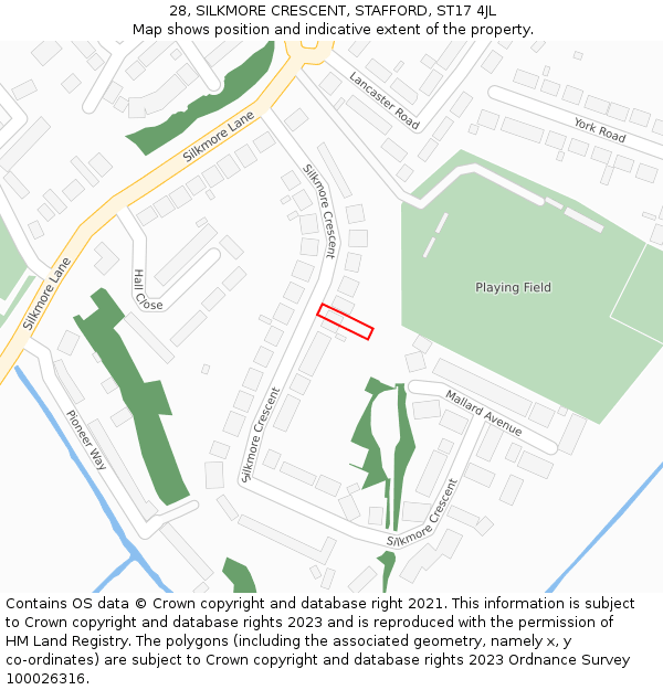 28, SILKMORE CRESCENT, STAFFORD, ST17 4JL: Location map and indicative extent of plot