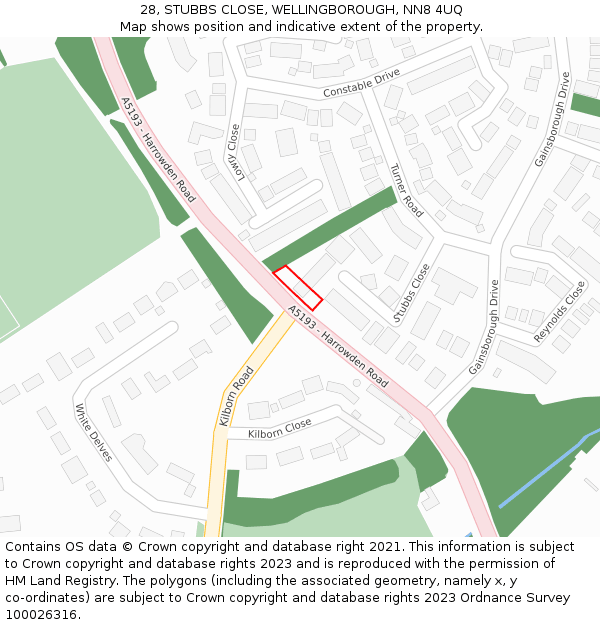 28, STUBBS CLOSE, WELLINGBOROUGH, NN8 4UQ: Location map and indicative extent of plot