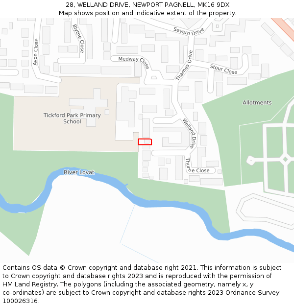 28, WELLAND DRIVE, NEWPORT PAGNELL, MK16 9DX: Location map and indicative extent of plot