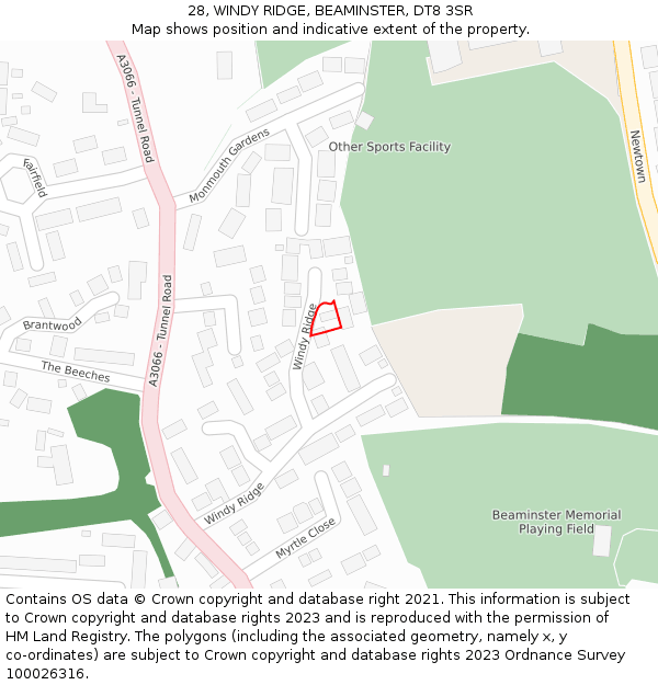28, WINDY RIDGE, BEAMINSTER, DT8 3SR: Location map and indicative extent of plot