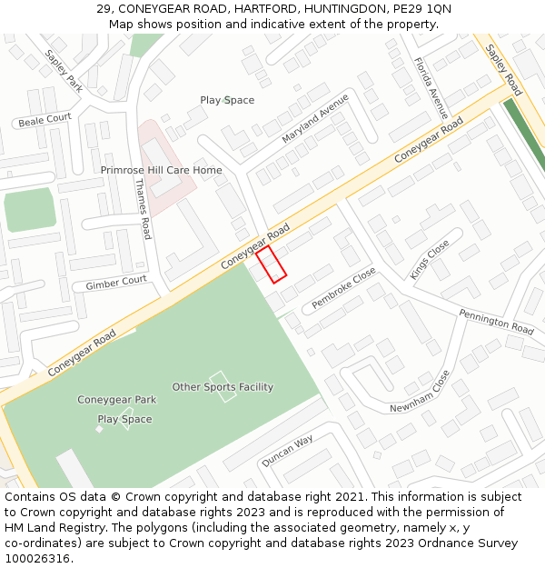 29, CONEYGEAR ROAD, HARTFORD, HUNTINGDON, PE29 1QN: Location map and indicative extent of plot