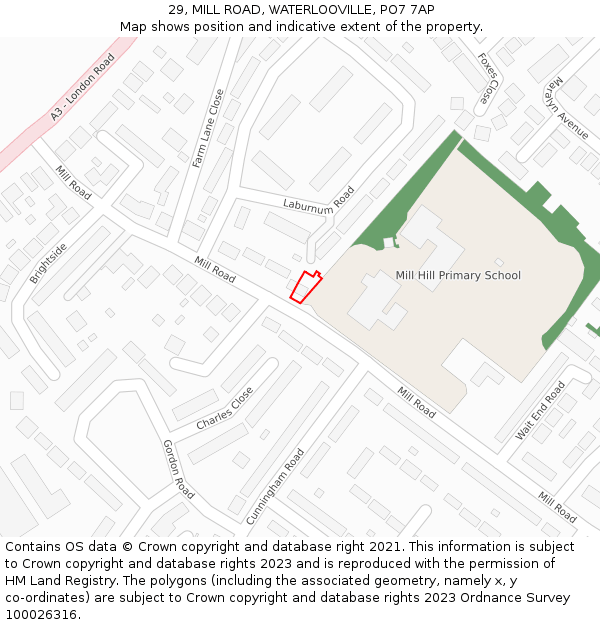 29, MILL ROAD, WATERLOOVILLE, PO7 7AP: Location map and indicative extent of plot