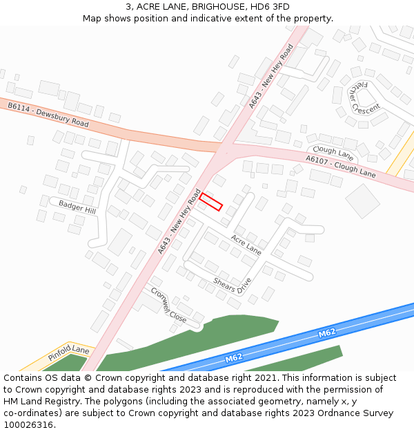 3, ACRE LANE, BRIGHOUSE, HD6 3FD: Location map and indicative extent of plot