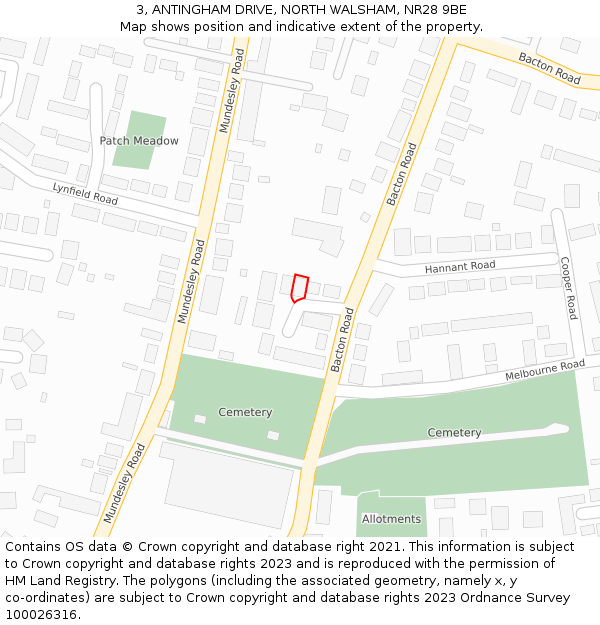 3, ANTINGHAM DRIVE, NORTH WALSHAM, NR28 9BE: Location map and indicative extent of plot