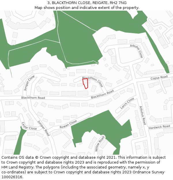 3, BLACKTHORN CLOSE, REIGATE, RH2 7NG: Location map and indicative extent of plot