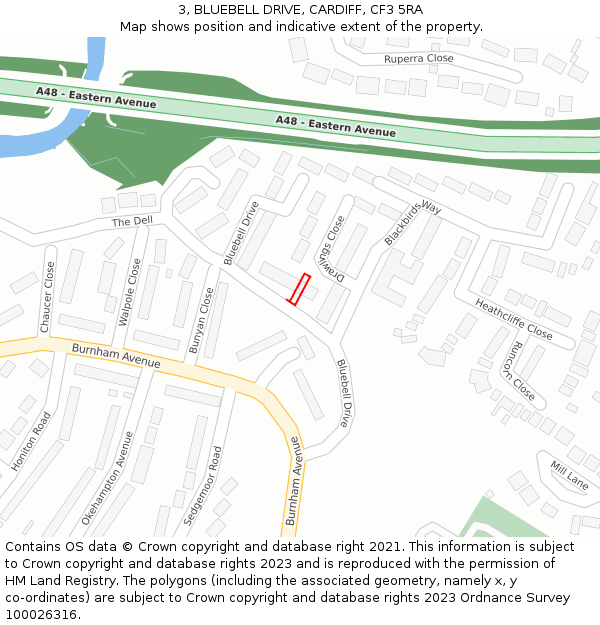 3, BLUEBELL DRIVE, CARDIFF, CF3 5RA: Location map and indicative extent of plot