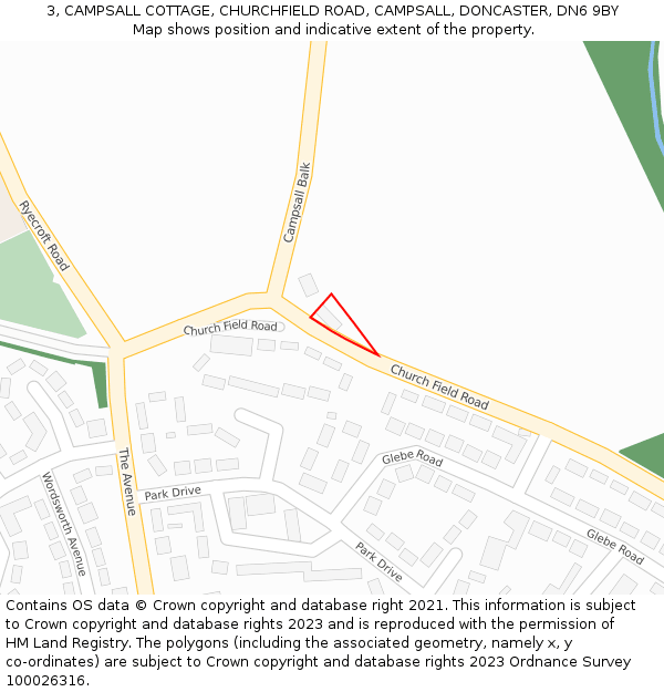 3, CAMPSALL COTTAGE, CHURCHFIELD ROAD, CAMPSALL, DONCASTER, DN6 9BY: Location map and indicative extent of plot