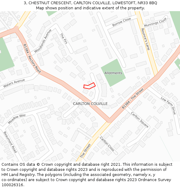 3, CHESTNUT CRESCENT, CARLTON COLVILLE, LOWESTOFT, NR33 8BQ: Location map and indicative extent of plot