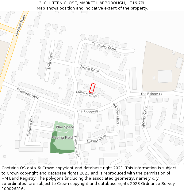 3, CHILTERN CLOSE, MARKET HARBOROUGH, LE16 7PL: Location map and indicative extent of plot