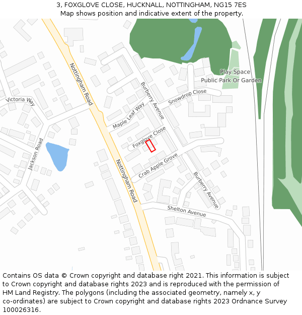 3, FOXGLOVE CLOSE, HUCKNALL, NOTTINGHAM, NG15 7ES: Location map and indicative extent of plot