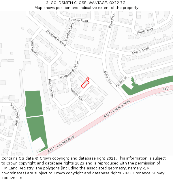 3, GOLDSMITH CLOSE, WANTAGE, OX12 7GL: Location map and indicative extent of plot