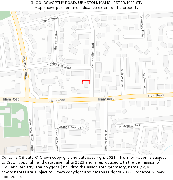 3, GOLDSWORTHY ROAD, URMSTON, MANCHESTER, M41 8TY: Location map and indicative extent of plot