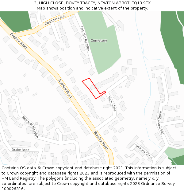 3, HIGH CLOSE, BOVEY TRACEY, NEWTON ABBOT, TQ13 9EX: Location map and indicative extent of plot