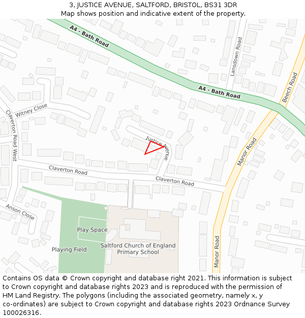 3, JUSTICE AVENUE, SALTFORD, BRISTOL, BS31 3DR: Location map and indicative extent of plot