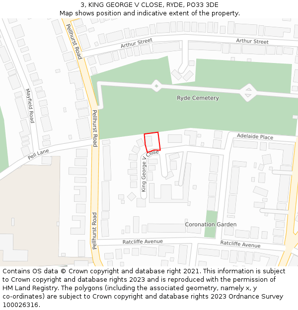 3, KING GEORGE V CLOSE, RYDE, PO33 3DE: Location map and indicative extent of plot