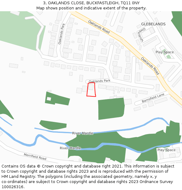 3, OAKLANDS CLOSE, BUCKFASTLEIGH, TQ11 0NY: Location map and indicative extent of plot