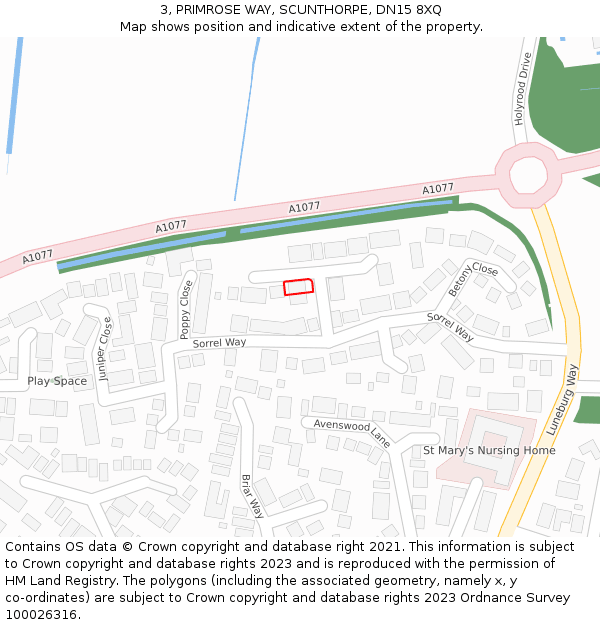 3, PRIMROSE WAY, SCUNTHORPE, DN15 8XQ: Location map and indicative extent of plot