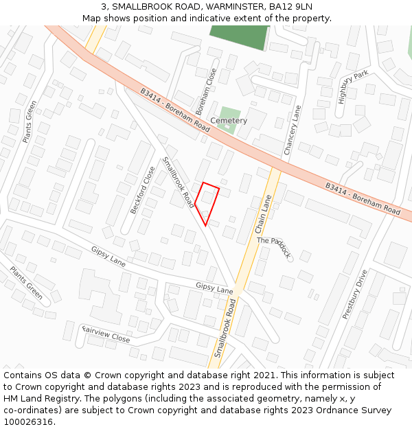 3, SMALLBROOK ROAD, WARMINSTER, BA12 9LN: Location map and indicative extent of plot