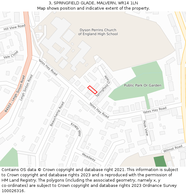 3, SPRINGFIELD GLADE, MALVERN, WR14 1LN: Location map and indicative extent of plot