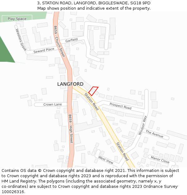 3, STATION ROAD, LANGFORD, BIGGLESWADE, SG18 9PD: Location map and indicative extent of plot