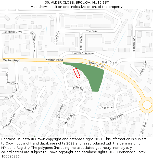 30, ALDER CLOSE, BROUGH, HU15 1ST: Location map and indicative extent of plot