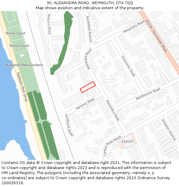 30, ALEXANDRA ROAD, WEYMOUTH, DT4 7QQ: Location map and indicative extent of plot