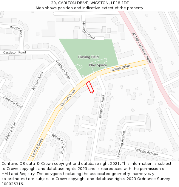 30, CARLTON DRIVE, WIGSTON, LE18 1DF: Location map and indicative extent of plot