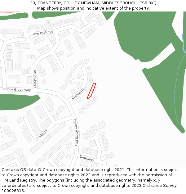 30, CRANBERRY, COULBY NEWHAM, MIDDLESBROUGH, TS8 0XQ: Location map and indicative extent of plot