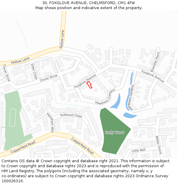30, FOXGLOVE AVENUE, CHELMSFORD, CM1 4FW: Location map and indicative extent of plot