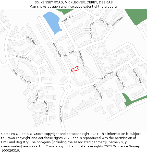 30, KENSEY ROAD, MICKLEOVER, DERBY, DE3 0AB: Location map and indicative extent of plot