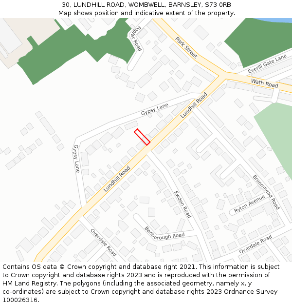 30, LUNDHILL ROAD, WOMBWELL, BARNSLEY, S73 0RB: Location map and indicative extent of plot