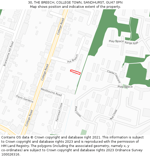 30, THE BREECH, COLLEGE TOWN, SANDHURST, GU47 0PN: Location map and indicative extent of plot