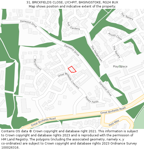 31, BRICKFIELDS CLOSE, LYCHPIT, BASINGSTOKE, RG24 8UX: Location map and indicative extent of plot