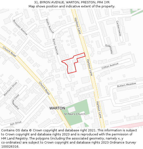 31, BYRON AVENUE, WARTON, PRESTON, PR4 1YR: Location map and indicative extent of plot