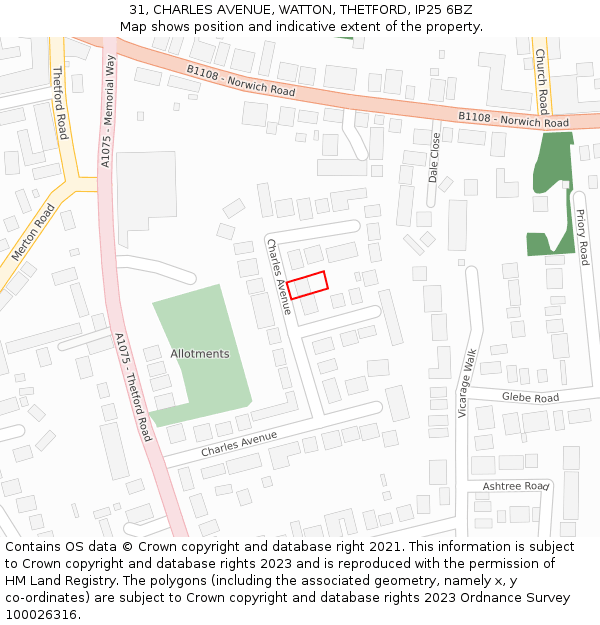 31, CHARLES AVENUE, WATTON, THETFORD, IP25 6BZ: Location map and indicative extent of plot